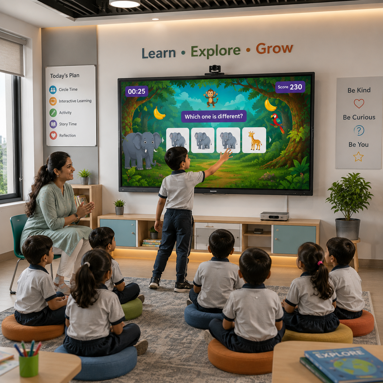 Children interacting with immersive learning in a classroom